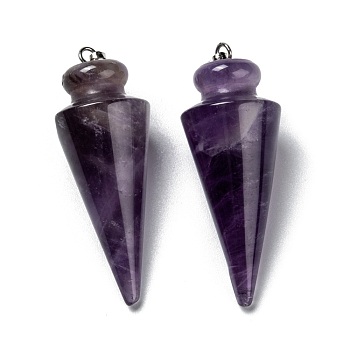 Natural Amethyst Pendants, with Platinum Brass Findings, Cone, 40~44x15~16mm, Hole: 3x7mm