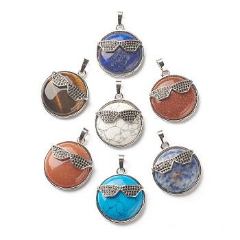 Mixed Gemstone Pendants, with Platinum Tone Brass Findings, Flat Round with Glasses, 32~32.5x27.5x9mm, Hole: 6.5x5mm