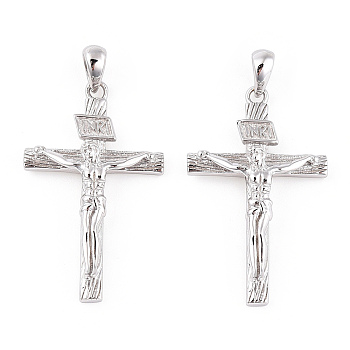 Rhodium Plated 925 Sterling Silver Pendants, Religion Jesus Cross with 925 Stamp, Real Platinum Plated, 32x19x5mm, Hole: 3x4mm