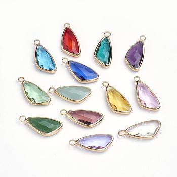 Glass Pendants, with Brass Findings, Faceted, Triangle, Golden, Mixed Color, 22x9.5~10x4~4.5mm, Hole: 2mm