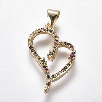 Brass Micro Pave Cubic Zirconia Pendants, Heart, Golden, Colorful, 24.5x16x3.5mm, Hole: 3.5x5mm