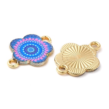 Printed Alloy Enamel Connector Charms, Flower Links, Light Gold, Hot Pink, 14x18x1.5mm, Hole: 1.5mm