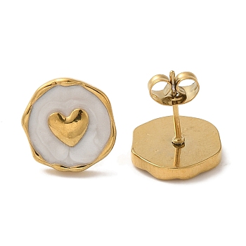 Ion Plating(IP) 304 Stainless Steel Flat Round with Heart Stud Earrings, wtih Enamel, Real 18K Gold Plated, 13x12.5mm