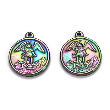Ion Plating(IP) 304 Stainless Steel Pendants, Flat Round with Archangel Michael, Rainbow Color, 24x20.5x2.5mm, Hole: 1.8mm
