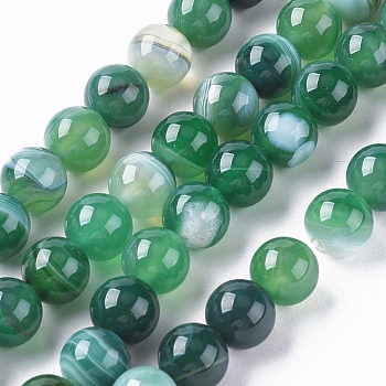 Natural Striped Agate/Banded Agate Beads Strands, Dyed & Heated, Round, Green, 6mm, Hole: 1mm, about 63pcs/strand, 14.57 inch(37cm)