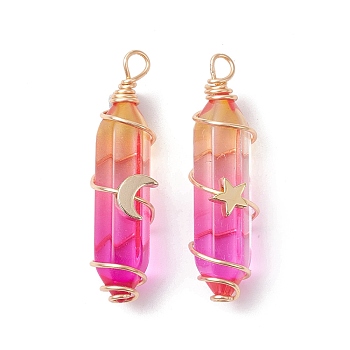 2Pcs 2 Style Two Tone Glass Double Terminated Point Beads Pendants Set, Moon & Star Golden Copper Wire Wrapped Charms, Magenta, 38~39x10x18mm, Hole: 3mm, 1Pc/style