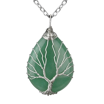 Natural Green Aventurine Teardrop Pendant Necklace, Platinum Copper Wire Wrap Necklace, 20.47 inch(52cm)