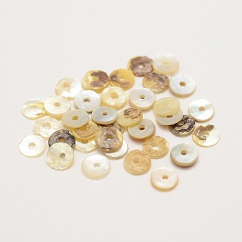 Flat Round Natural Akoya Shell Beads, Mother of Pearl Shell Beads, Tan, 5~6x1mm, Hole: 1mm, about 1440pcs/bag