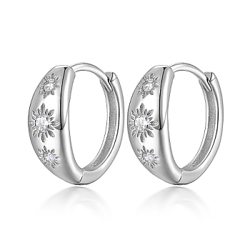 Flower Rhodium Plated 925 Sterling Silver Hoop Earrings, with Cubic Zirconia, with 925 Stamp, Platinum, 4mm