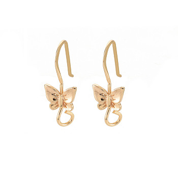 Brass Earring Hooks, Ear Wire, with Horizontal Loop, Nickel Free, Butterfly, Real 18K Gold Plated, 20x8mm, Hole: 2.5mm, 22 Gauge, Pin: 0.6mm