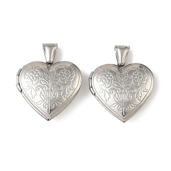 316 Stainless Steel Locket Pendants, Heart with Flower Charm, with 304 Stainless Steel Snap on Bails, Stainless Steel Color, 28.5x28.5x7.5mm, Hole: 8.5x4mm, Inner Diameter: 21.5x20.5mm