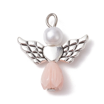 Resin Imitation Pearl Pendants, Rose Angel Charms with Antique Silver Plated Alloy Heart Wings, White, 23.5~24x21.5x7mm, Hole: 1.8~2.2mm