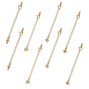 8Pcs 4 Style Brass Micro Pave Cubic Zirconia Chain Extender, with Stainless Steel Lobster Claw Clasps and Mixed Shape Charm, Long-Lasting Plated, Golden, 77x3mm, Hole: 3mm, 2Pcs/style