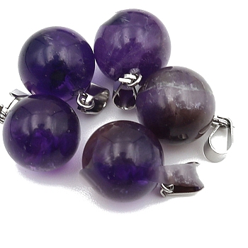 Natural Amethyst Round Charms with Platinum Plated Metal Snap on Bails, 14mm