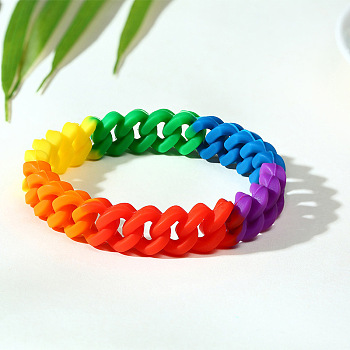 Rainbow Color Pride Flag Silicone Wristband Bracelet, Cord Bracelet for Women, Oval Pattern, Wide: 13mm, 7-5/8 inch(19.5cm)
