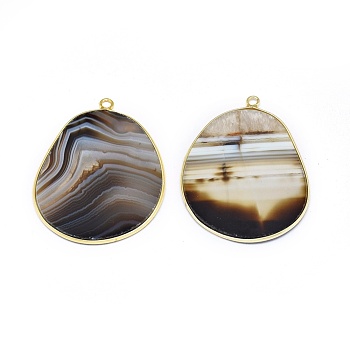 Natural Natural Striped Agate/Banded Agate Pendants, with Brass Findings, Golden, 33.5~34x27x2mm, Hole: 1.5mm