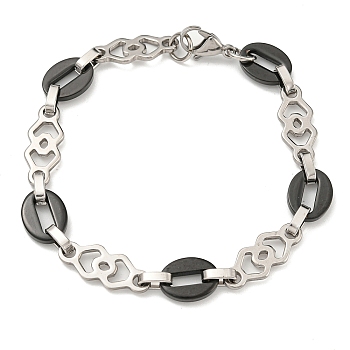 Two Tone 304 Stainless Steel Oval & Rhombus Link Chain Bracelet, Black, 9-1/8 inch(23.2cm), Wide: 11mm
