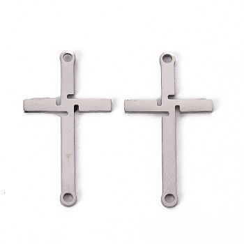 Non-Tarnish 201 Stainless Steel Link Connectors, Laser Cut, Cross, Stainless Steel Color, 26x14x1mm, Hole: 1.4mm