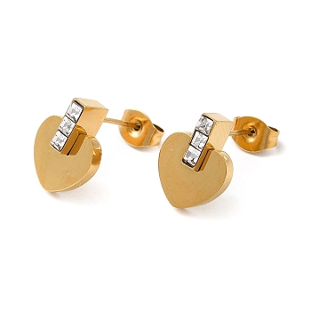 Vacuum Plating 304 Stainless Steel Heart Stud Earrings with Rhinestone, Golden, 12.5x9.5mm
