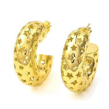 Hollow Star Brass Stud Earrings, Half Hoop Earrings, Lead Free & Cadmium Free, Real 18K Gold Plated, 30x10mm, Pin: 12x0.8mm