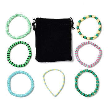 7Pcs 7 Style Polymer Clay Heishi Surfer Stretch Bracelets Set, Glass Seed Bracelets, Preppy Jewelry for Women, Green, Inner Diameter: 2-1/8 inch(5.5cm), 1Pc/style