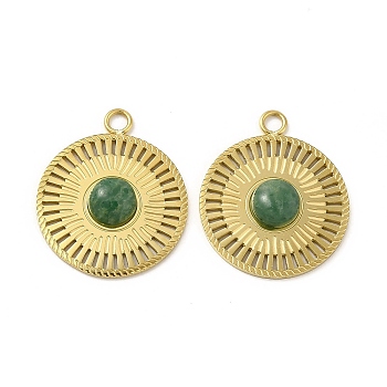 Natural African Jade Pendants, Flat Round Charms, with Vacuum Plating Real 18K Gold Plated 201 Stainless Steel Findings, 18.5x15.5x3mm, Hole: 1.8mm