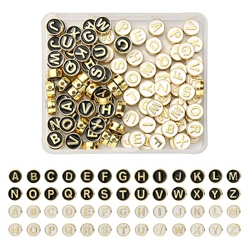 104Pcs 52 Style Alloy Enamel Beads, Cadmium Free & Lead Free, Light Gold, Flat Round with Alphabet, Letter A~Z, 8x4mm, Hole: 1.5mm, 2pcs/style
