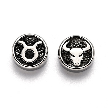 304 Stainless Steel Beads, Flat Round with Twelve Constellations, Antique Silver, Taurus, 10x4mm, Hole: 1.8mm
