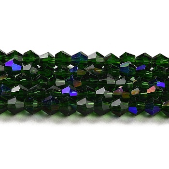 Transparent Electroplate Glass Beads Strands, AB Color Plated, Faceted, Bicone, Dark Green, 6x6mm, Hole: 1mm, about 45~47pcs/strand, 9.65~9.84 inch(24.5~25cm)