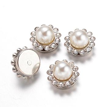 Imitation Pearl ABS Plastic Cabochons, with Platinum Tone Brass Rhinestone Findings, Flower, White, 11.5x11.5x8mm