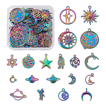 38Pcs 19 Style Alloy Charms, Planet & Double Horn/Crescent Moon & Sun, Rainbow Color, 12~36x10.5~25.5x1~3mm, Hole: 1.4~3.5mm, 2pcs/style