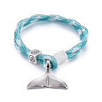 Mult-strand Bracelets, with Polyester & Spandex Cord Ropes , Alloy European Cube Beads, 304 Stainless Steel Pendants, Whale Tail Shape, Cyan, 7-5/8 inch(19.5cm)(BJEW-JB04218-01)