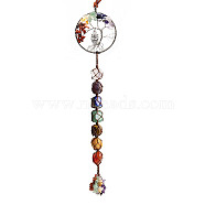 Chakra Theme Big Pendant Decorations, Hand Knitting with Owl Charm, Natural Gemstone Beads and Stone Chips Tassel, Flat Round with Tree of Life, Silver Color Plated, 35cm(HJEW-PW0001-004D-S)