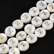 Natural Freshwater Shell Beads, with Golden Enamel, Horizontal Hole, Flat Round with Alphabet, Seashell Color, Letter.Z, 8x3.5~4.5mm, Hole: 0.5mm, about 40pcs/strand, 12.20~12.60inch(31~32cm)(SHEL-S276-168Z)