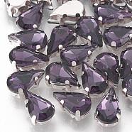 Sew on Rhinestone, Multi-strand Links, Glass Rhinestone, with Brass Prong Settings, Garments Accessories, Faceted, teardrop, Platinum, Purple, 12.5x8x5mm, Hole: 0.8~1mm(RGLA-T035-8x13mm-17)
