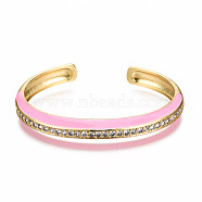Brass Micro Pave Clear Cubic Zirconia Cuff Bangles, with Enamel, Nickel Free, Real 16K Gold Plated, Pearl Pink, Inner Diameter: 2-3/8 x1-7/8 inch(5.9x4.7cm)(BJEW-N302-004E-NF)