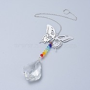 Crystals Chandelier Suncatchers Prisms Chakra Hanging Pendant, with Iron Cable Chains, Glass Beads and Brass Pendants, Butterfly with Teardrop, Clear, 335mm(AJEW-I040-03P)