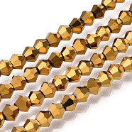 Electroplate Glass Bead Strands, Rainbow Plated, Faceted Bicone, Golden Plated, 4x4.5mm, Hole: 1mm, about 92~96pcs/strand, 13.78~14.37 inch(EGLA-R094-4mm-01)