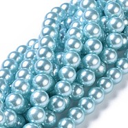 Eco-Friendly Dyed Glass Pearl Round Beads Strands, Grade A, Cotton Cord Threaded, Aqua, 8mm, Hole: 0.7~1.1mm, about 52pcs/strand, 15 inch(HY-A002-8mm-RB106)