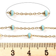 Ion Plating(IP) Stainless Steel Satellite Chains, with Enamel Beads and Spool, Soldered, Long-Lasting Plated, Flat Round, Golden, Turquoise, 1.5x1.2x0.3mm, about 32.8 Feet(10m)/roll(CHS-I006-03G-M)