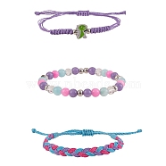 Waxed Polyester String Braided Cord Bracelets Set, Natural Mixed Stone Bracelets with Dinosaur for Women, Purple, Inner Diameter: 1-3/4~3-3/4 inch(2~9.5cm), 3pcs/set(BJEW-SW00032-03)
