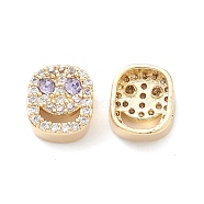 Brass Micro Pave Cubic Zirconia Beads, Lead Free & Cadmium Free, Long-Lasting Plated, Real 18K Gold Plated, Oval with Smiling Face, Lilac, 9x8x4mm, Hole: 1mm(KK-M241-01H)