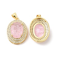 Real 16K Gold Plated Brass Micro Pave Cubic Zirconia Pendants, with Glass, Oval Charms, Pink, 23x17x8mm, Hole: 5x3.5mm(ZIRC-L103-061G-01)