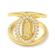 Clear Cubic Zirconia Virgin Mary Open Cuff Rings, Rack Plating Brass Jewelry, Long-Lasting Plated, Real 18K Gold Plated, Inner Diameter: 18mm(RJEW-Q168-05G)