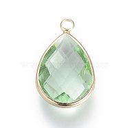 Glass Pendants, with Brass Findings, Faceted, teardrop, Light Gold, Medium Sea Green, 14x7.5x4mm, Hole: 1.8~2.3mm(X-GLAA-S110-A-02)