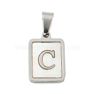 304 Stainless Steel Pave Natural White Shell Pendants, Rectangle with Letter Charms, Stainless Steel Color, Letter C, 17.5x12x1.5mm, Hole: 6x3mm(STAS-S130-03P-C)