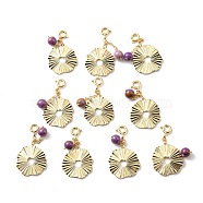 Natural Lepidolite/Purple Mica Round Pendant Decorations, Brass Flat Round Leaf Ornament with Spring Ring Clasps, Real 14K Gold Plated, 31mm, Hole: 3mm(G-R489-49G)
