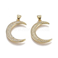 Brass Micro Pave Cubic Zirconia Pendants, Real 18K Gold Plated, Long-Lasting Plated, with Snap on Bails, Moon, Silver, 26x18.5x2.5mm, Hole: 5mm(ZIRC-A011-15C-G)