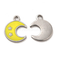 304 Stainless Steel Enamel Pendants, Moon with Star Charm, Stainless Steel Color, 12.5x10x1mm, Hole: 1.6mm(STAS-M308-17P-02)
