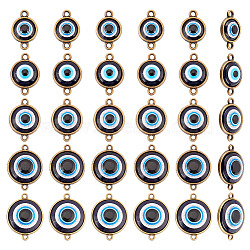 30Pcs 5 Style Plastic Connector Charms, with Alloy Findings, Flat Round with Dark Blue Evil Eye, Antique Bronze, 19.5~29x12.5~22.5x4~5mm, Hole: 1.8~2mm, 6pcs/style(FIND-AR0002-83AB)